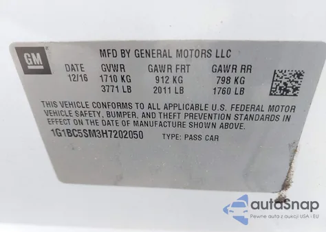 2017 Chevrolet Cruze Ls Auto из США, поврежденный, VIN 1G1BC5SM3H7202050